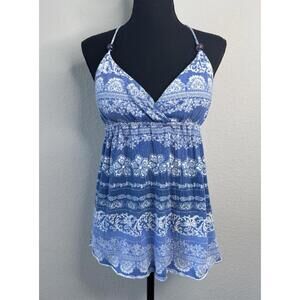 Vintage Y2K Self‎ Esteem Blue Floral Tie Back Babydoll Sleeveless Top Sz L 90s